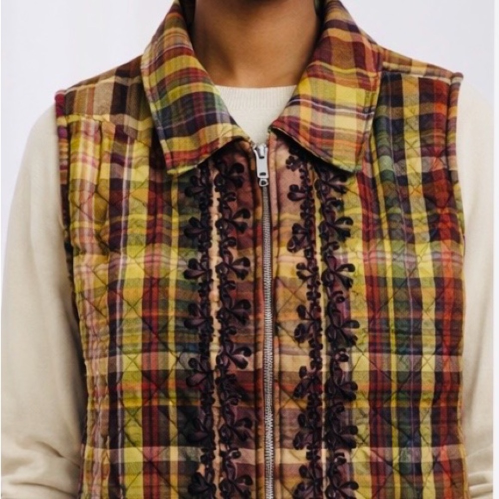 Plaid Quilted Vest with Embroidery detailing